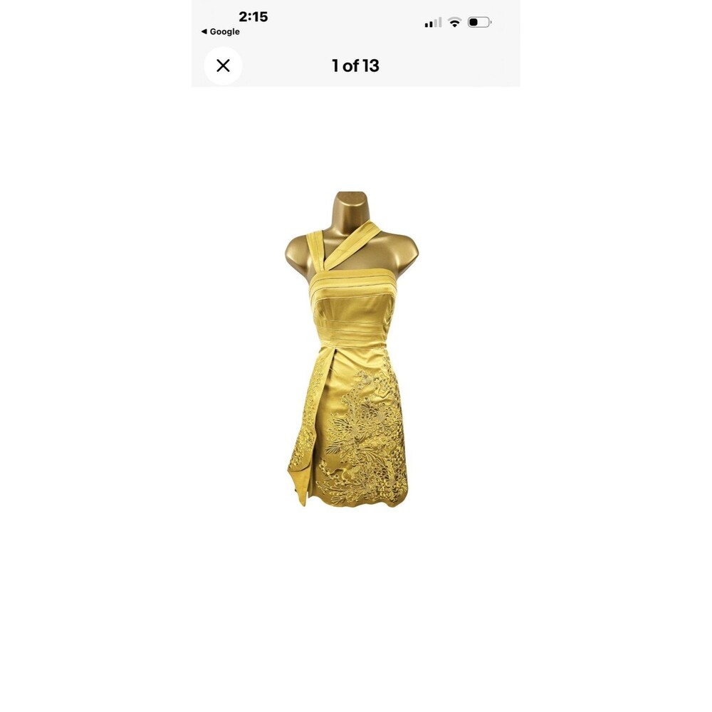 Karen Millen mustard yellow satin embroidered party dress uk12/usa 8 nwt